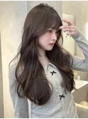 韓国くびれロングレイヤースタイル暗髪ブラウン顔まわりレイヤー