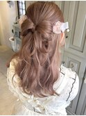 リボンハーフアップピンクベージュ