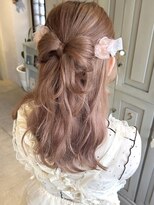 リボンハーフアップピンクベージュ