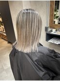 バレイヤージュ、ハイライト、レイヤーロング、グレーベージュ