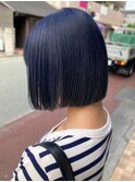 ネイビーブルー　ブルベ　切りっぱなしボブ　透明感カラー　美髪