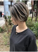 バレイヤージュ、ハイライト、ショートカット、ダブルカラー