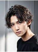 七三アップバングセンターパート波巻きスパイラルパーマツイスパ