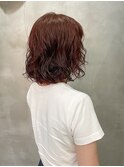 パーマ　ミディアム　レイヤー　暖色　オレンジ　赤　ピンク