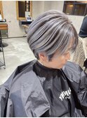 バレイヤージュ、ハイライト、ショート、グレージュ