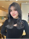 ロングシースルーバング韓国風レイヤーブリーチ透明感グレージュ