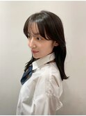 暗髪グレージュ ミディアムレイヤー シースルーバング
