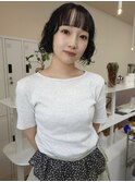 黒髪ボブパーマ/ぱっつん前髪/ラウンド/ウェーブヘア