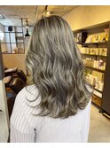 バレイヤージュ、ハイライト、レイヤーロング、グレーベージュ