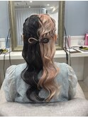 髪リボンの編み込みハーフアップ