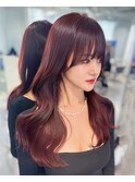 ワインレッド レッドカラー くびれヘア 韓国ヘア