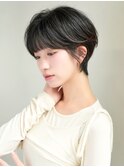 切りっぱなしショート・ボブ/絶壁解消/前髪なし/40代/30代/丸顔