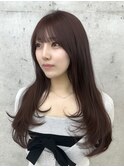 美髪カールピンクブラウン韓国レイヤーロングセミディ顔周り前髪