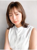 サイドバングアプリコットオレンジハイライトカラーセミディ