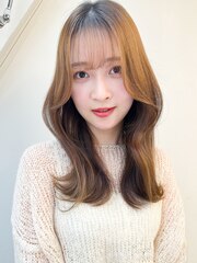 10代20代30代小顔韓国ヘアロング/ベージュ/小顔前髪くびレイヤー