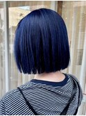 ダークブルー/切りっぱなしボブ/艶髪/美髪ストレート