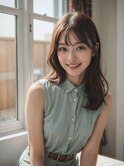 ◎前髪パーマ レイヤーロング 黒髪 グレーベージュ 小顔