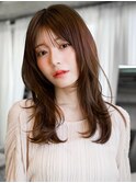 美髪ミディアムレイヤーカットデジタルパーマチェリーブラウン