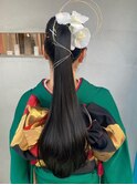 成人式振袖ヘアセットポニー着物金箔付け毛黒髪アレンジロング