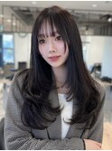 韓国レイヤーカット ロングレイヤーシースルーバング グレージュ