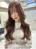 韓国ヘアレイヤーロンググレーベージュ前髪パーマ黒髪