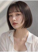 ミニボブ フルバング サイドレイヤー 美髪 暗髪 グレージュ