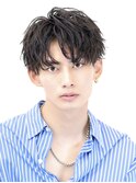 ソフトツイストパーマアップバング韓国マッシュブルーブラック