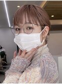 グレージュ切りっぱなしボブ前髪ありミニボブミルクティベージュ