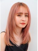 ロング韓国風顔周りレイヤーブリーチピンク