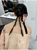 ヘアセット　カチモリ　お団子　編みおろしツイン　結婚式　黒髪