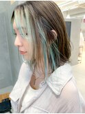 アイスブルー、ターコイズ、前髪インナーカラー、外ハネボブ