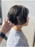 ショートボブパーマ×クラフトブルー