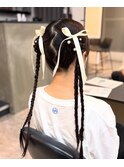 ヘアアレンジ／ツインお団子/リボンアレンジ