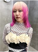 ルーツカラー、ピンク、ウルフ、前髪パッツン