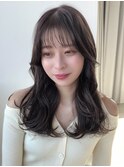 韓国風レイヤーロング顔周り姫カットワンカール×グレーベージュ