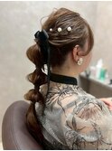 ヘアセット　結婚式　お呼ばれセットアップ　ポニー　シニヨン