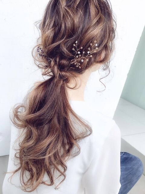 ナチュラルローポニーヘアアレンジ★結婚式 二次会 お呼ばれヘア