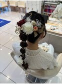 成人式前撮りヘアセットポニーテール編みおろしたまねぎアレンジ