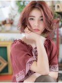 ピンクベージュセンターパートくせ毛風ボブc6志木20代30代40代