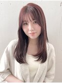 暖色カシスカラーロングレイヤーカット