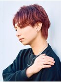 フェザーショートブリーチデザインレッドカラー刈り上げなし