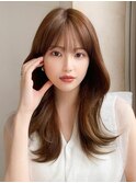 後れ毛が可愛い顔周りハイレイヤーロングチェリーブラウン