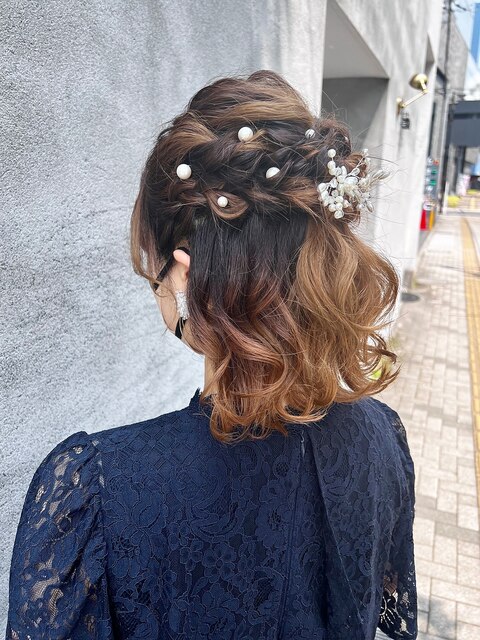 ハーフアップ ヘアセット ボブ 結婚式