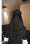 ハーフアップヘアアレンジウェーブリボン