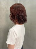パーマ　ミディアム　レイヤー　暖色　オレンジ　赤　ピンク