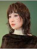 ミディアム　顔まわりカット　レイヤー　パーマ　ウルフ　原宿