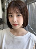 切りっぱなしボブチェリーブラウンミニウルフ前髪縮毛矯正表参道