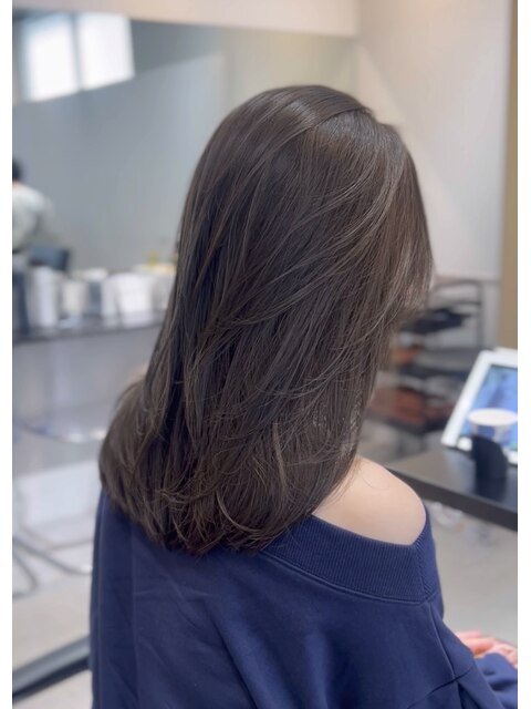 黒髪/グレーベージュ/レイヤーロング/前髪パーマ/髪質改善