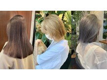 【ブリーチも種類が豊富】で、１人１人に合わせた薬剤をしっかり選定。抜け感と透明感のあるハイトーンを◎