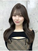 美髪オリーブグレージュ韓国レイヤーロングセミディ顔周り前髪